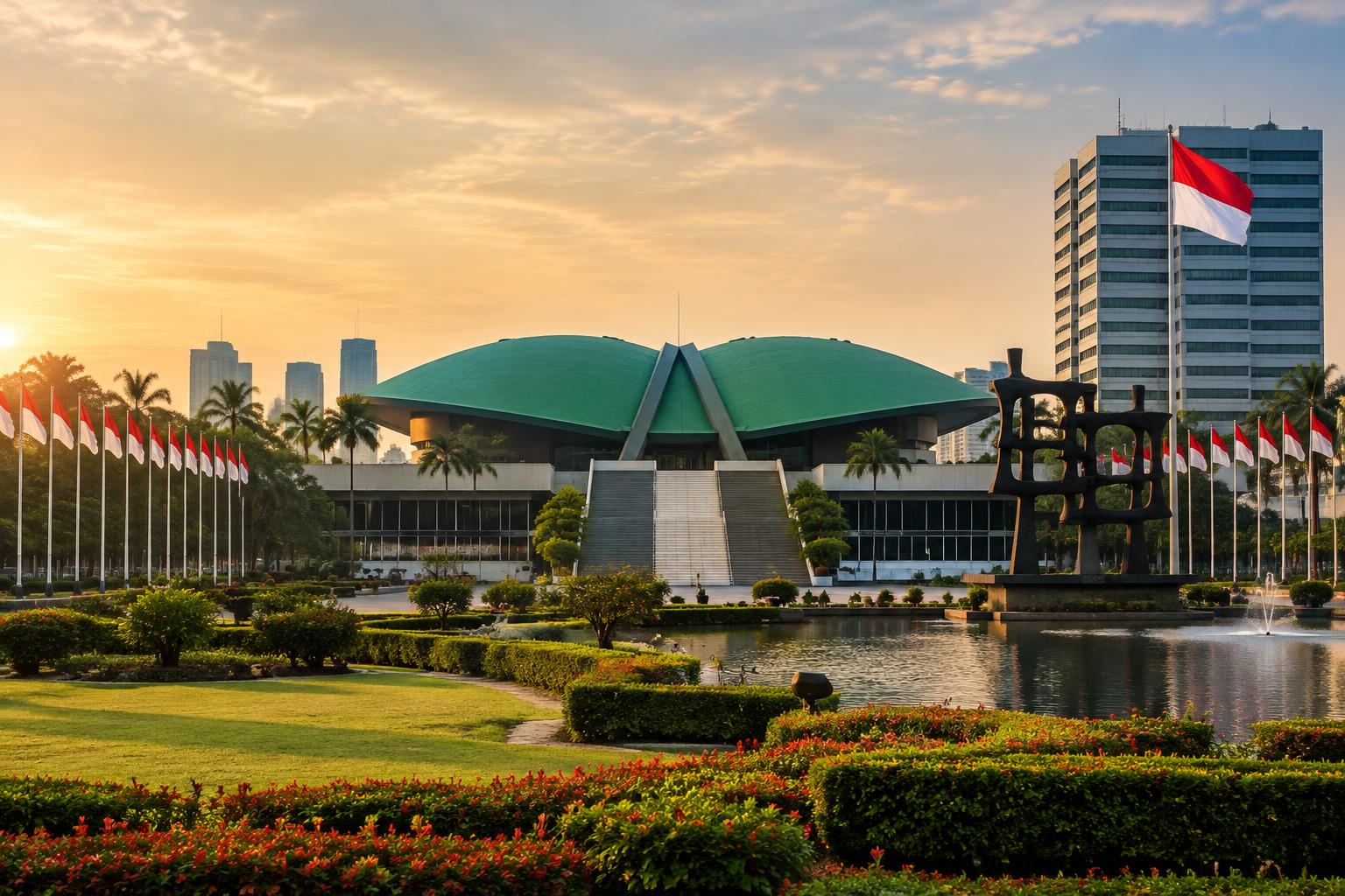 Indonesia's parliament building and national flags at golden hour